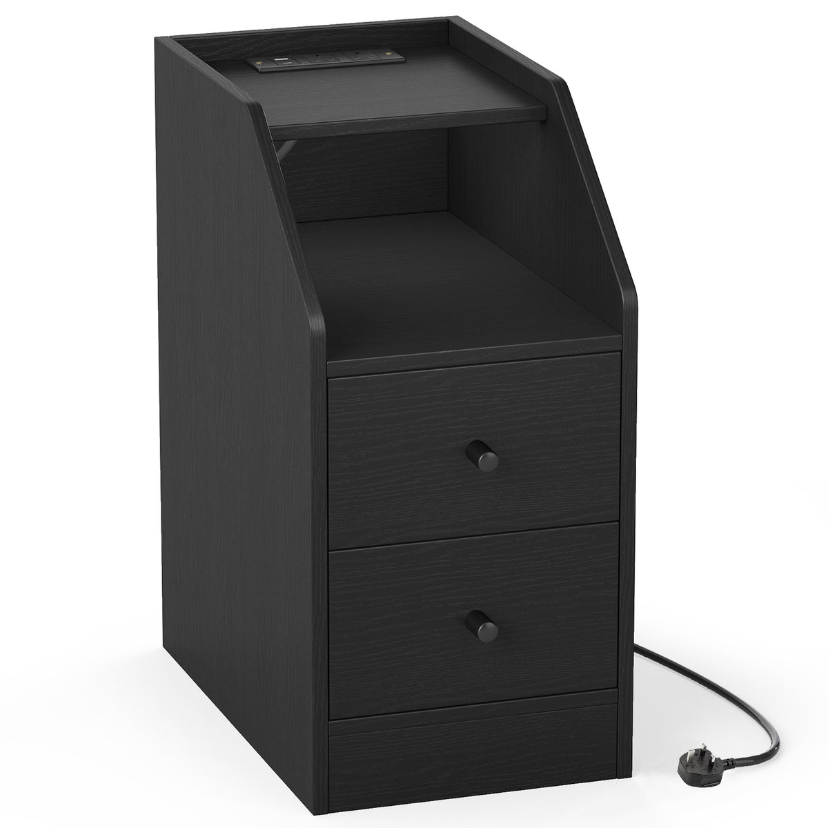 End Table with Charging Station and Storage Drawers for Small Space Living Room Bedroom-Black