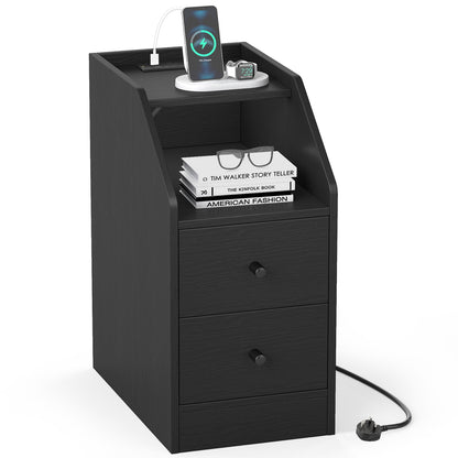 End Table with Charging Station and Storage Drawers for Small Space Living Room Bedroom-Black