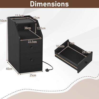 End Table with Charging Station and Storage Drawers for Small Space Living Room Bedroom-Black