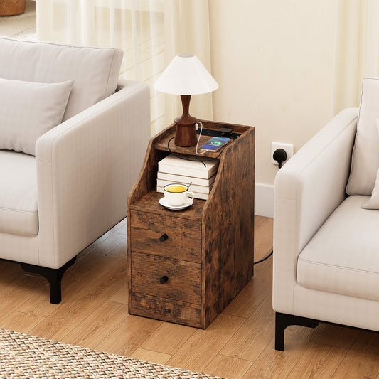 The compact side table is shown next to a sofa with a lamp and books on top
