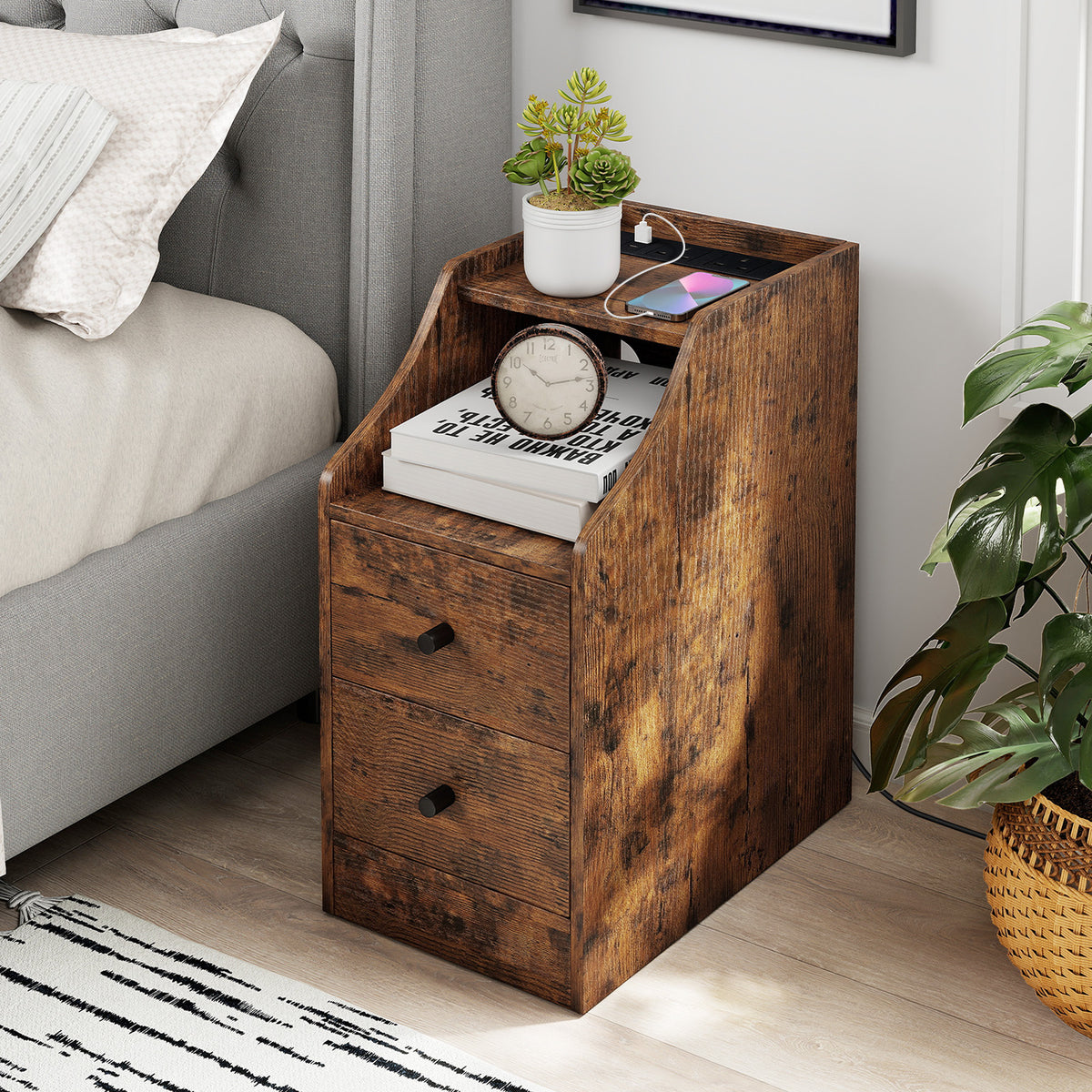End Table with Charging Station and Storage Drawers for Small Space Living Room Bedroom-Rustic Brown