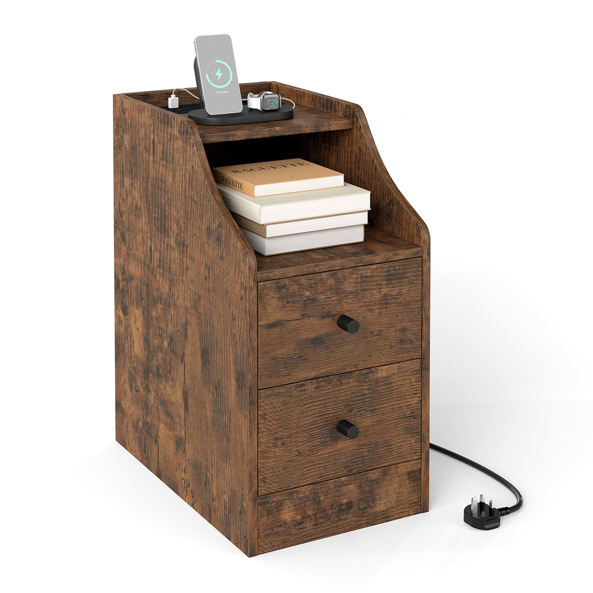 End Table with Charging Station and Storage Drawers for Small Space Living Room Bedroom-Rustic Brown