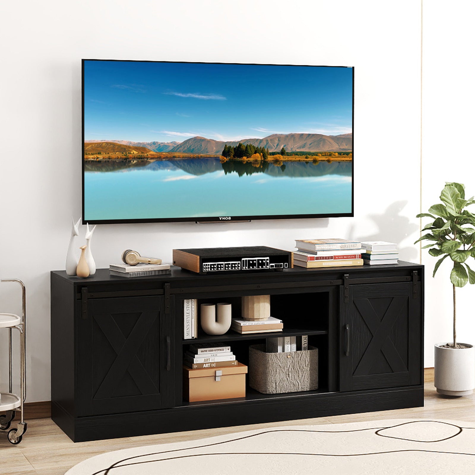 Entertainment Center with Sliding Barn Doors and Adjustable Shelves-Black