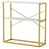 2-Tier Entryway Table with Marble Textured Open Shelves and Metal Frame-White & Golden