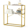 2-Tier Entryway Table with Marble Textured Open Shelves and Metal Frame-White & Golden