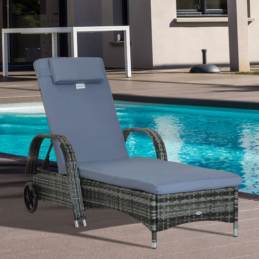 Outsunny Garden Rattan Furniture Single Sun Lounger Recliner Bed in Grey