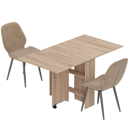 HOMCOM Dining Table Set, Folding Kitchen Table with Storage Shelves, 2 Velvet Upholstered Chairs, Natural Wood Finish and Light Brown