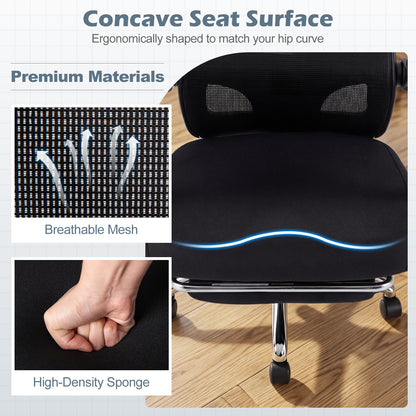Ergonomic Mesh Office Chair with 2D Headrest and Retractable Footrest-Black