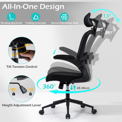 Ergonomic Mesh Office Chair with 3D Headrest and Adjustable Lumbar-Black