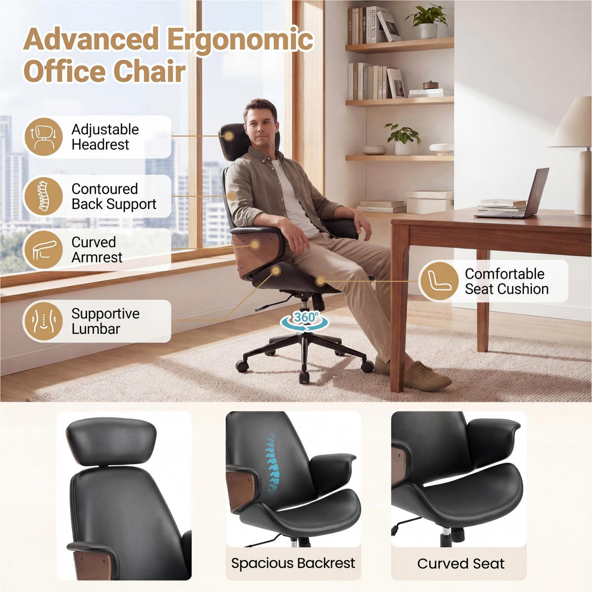 Ergonomic Office Chair with Headrest & Adjustable Height for Home Office-Black