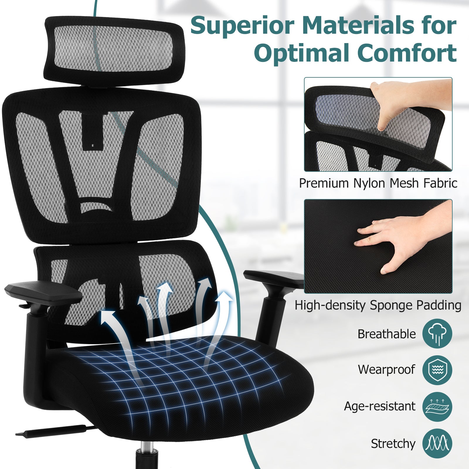 Ergonomic Mesh Office Chair with N Type Lumbar Support-Black