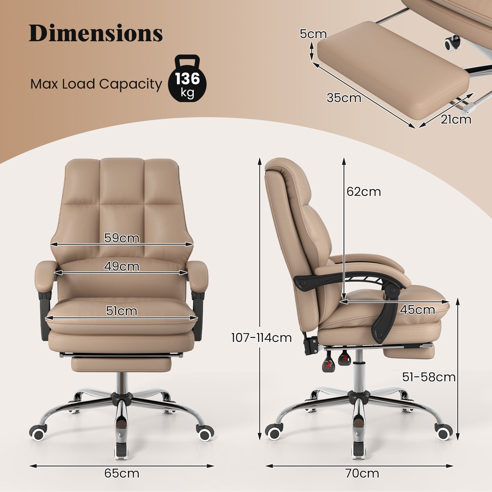 Ergonomic Office Chair PU Leather Adjustable Swivel with Reclining Backrest-Coffee