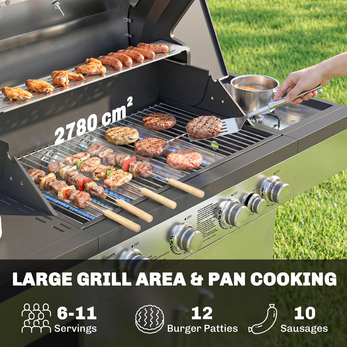 Outsunny 4+1 Burner Gas BBQ Grill, Portable Gas Barbecue Grill with Side Burner, Warming Rack, Side Shelf, Storage Cabinet