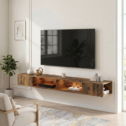 HOMCOM Wall Mounted TV Stand with RGB LED Lights, Floating Entertainment Centre for 75 Inch TV, Rustic Brown