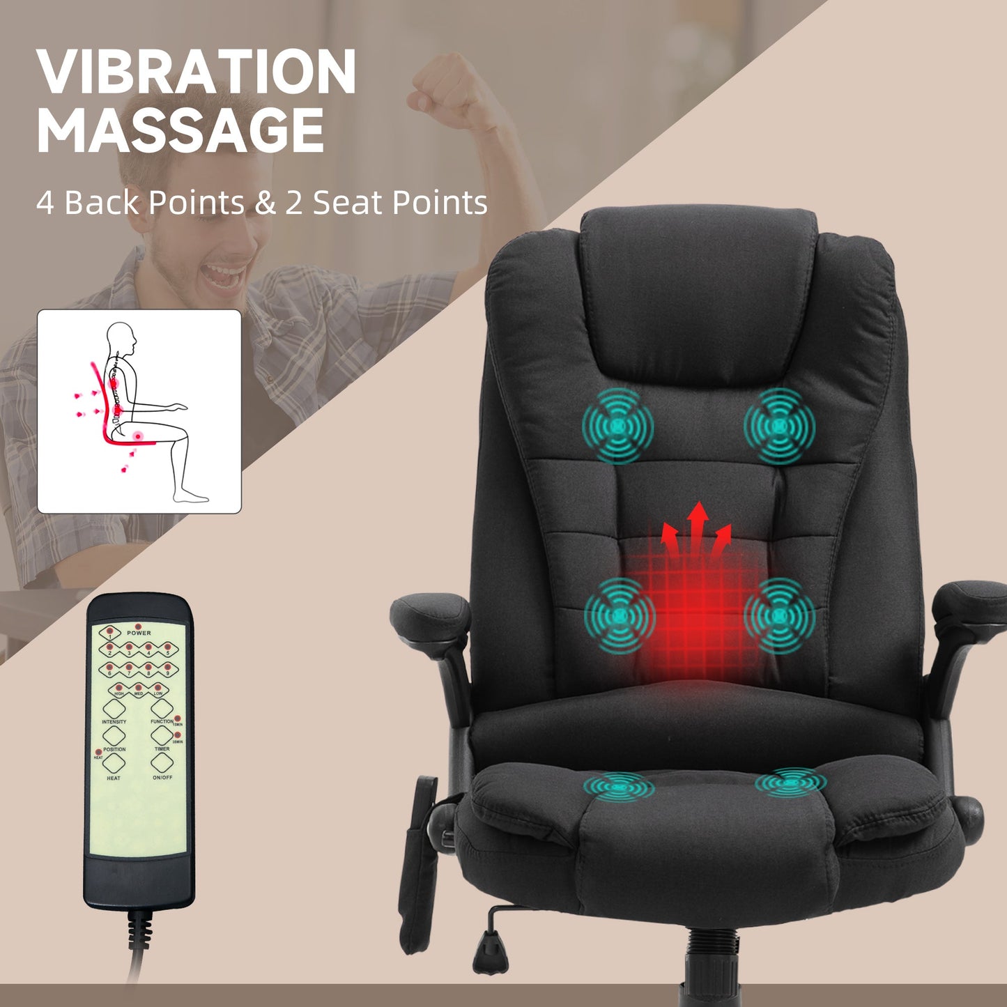 Vinsetto Massage Recliner Chair Heated Office Chair with Six Massage Points Linen-Feel Fabric 360 degrees Swivel Wheels Black