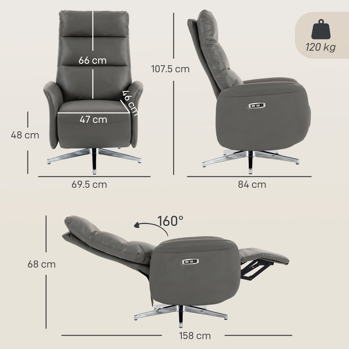 HOMCOM Power Recliner Chair, Swivel Electric Reclining Chair with Type C+USB, Recliner Armchair with Footrest, Dark Grey