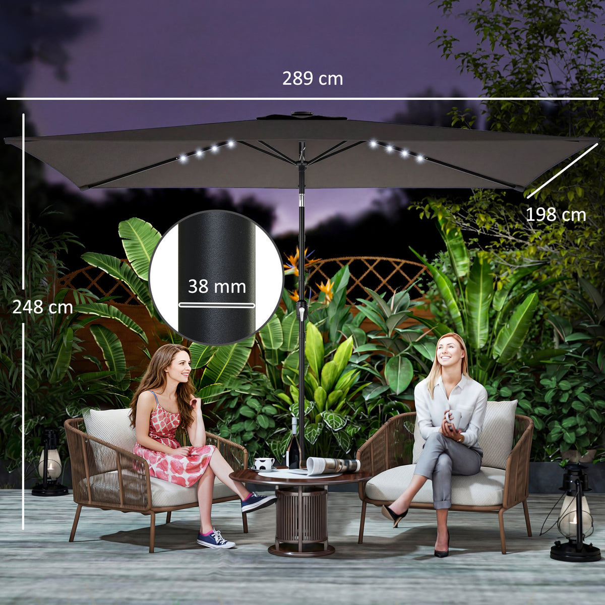 Outsunny Garden Parasol Umbrella with LED Solar Light in Black