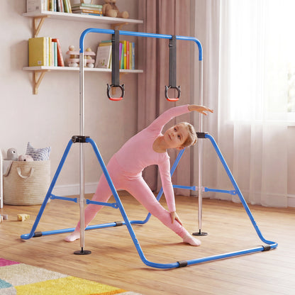 The gymnastic equipment in a bedroom with a child performing a standing stretch