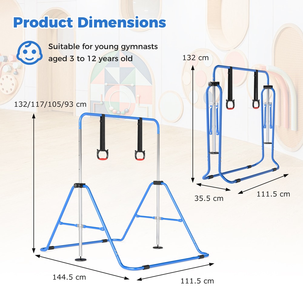 A technical diagram showing the height and width dimensions of the gymnastic frame