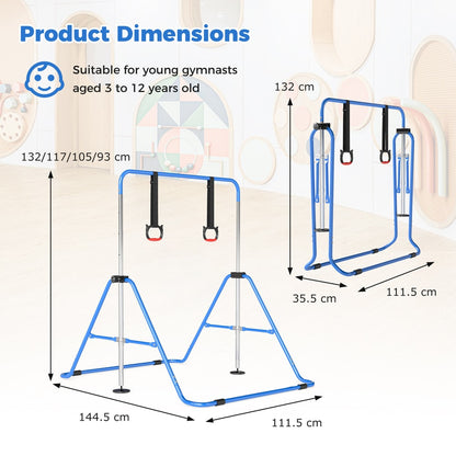 A technical diagram showing the height and width dimensions of the gymnastic frame