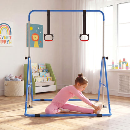 The gymnastic bar in a playroom with a child sitting on the floor doing a stretch