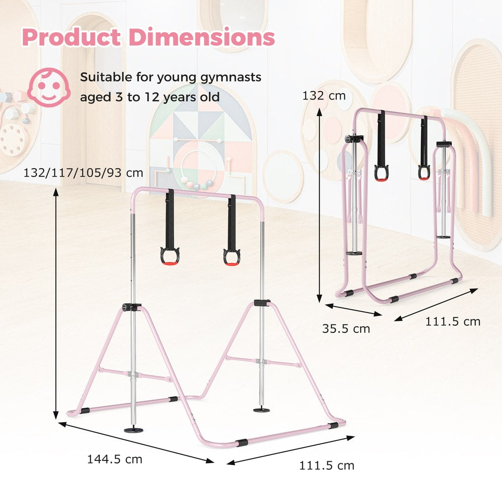 Product dimensions diagram for the pink gymnastics bar