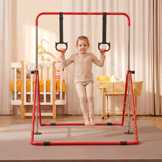 A young girl in beige activewear using the red gymnastics bar indoors