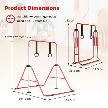 Product dimensions diagram for the red gymnastics bar with measurements