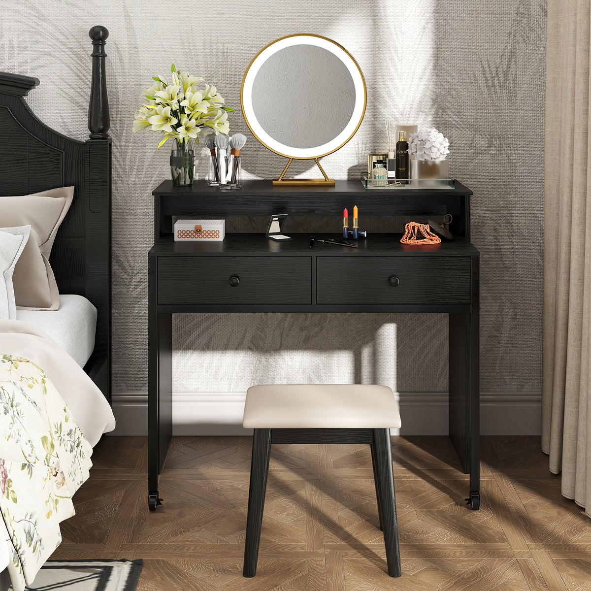 Extendable Computer Desk with 2 Storage Drawers Convertible Home Office Desk -Black
