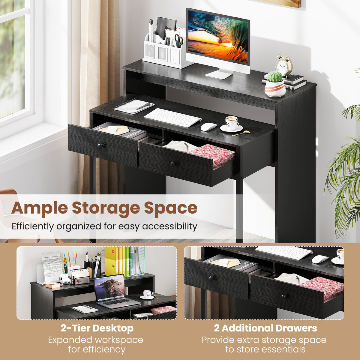 Extendable Computer Desk with 2 Storage Drawers Convertible Home Office Desk -Black