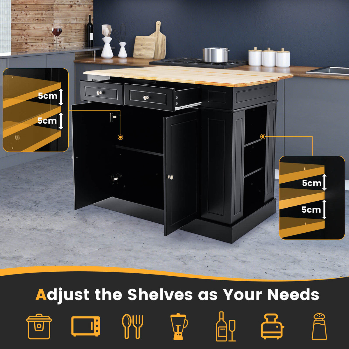 Drop-Leaf Kitchen Island with Extendable Worktop and Adjustable Shelves-Black