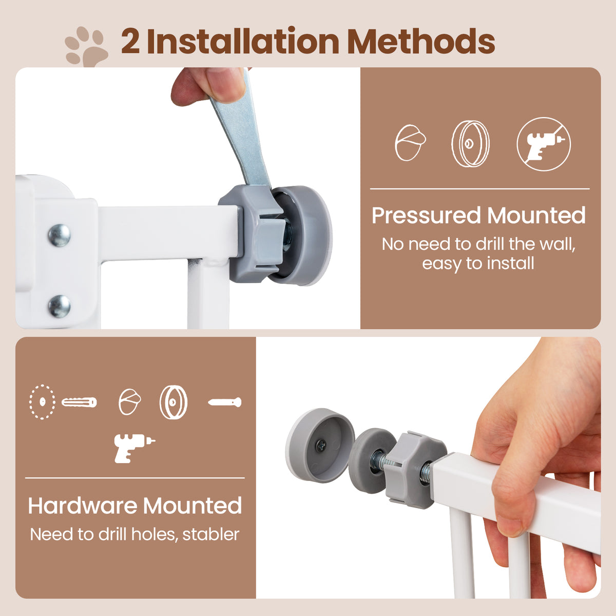 Diagram showing two installation methods for the white pet gate: pressured mounted and hardware mounted