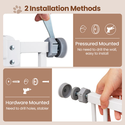 Diagram showing two installation methods for the white pet gate: pressured mounted and hardware mounted