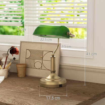 HOMCOM Desk Lamp with USB Ports, Banker's Table Lamp Desk Lamp with Vintage Bronze Tone Base and Pull Rope Switch, Green