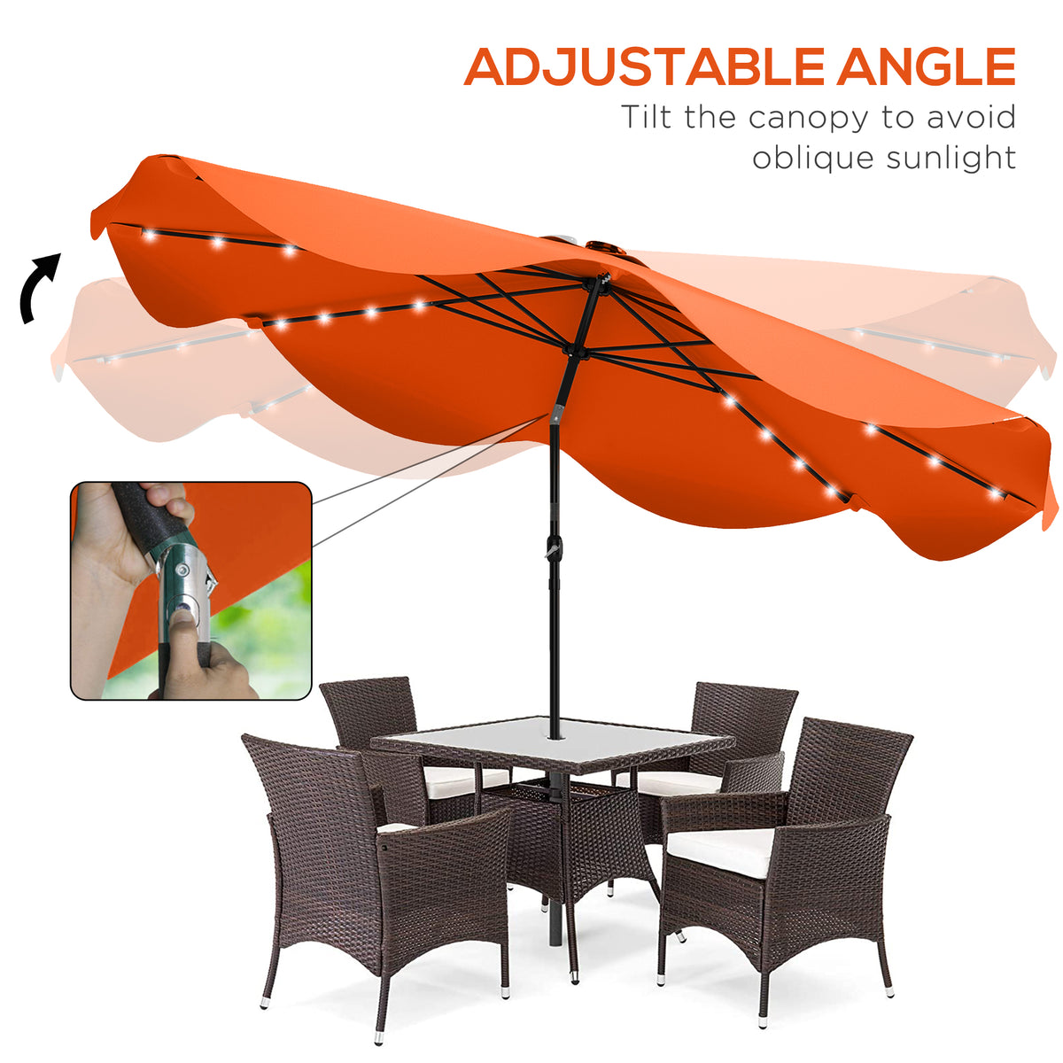 Outsunny Solar Patio Umbrella with LED and Tilt in Orange