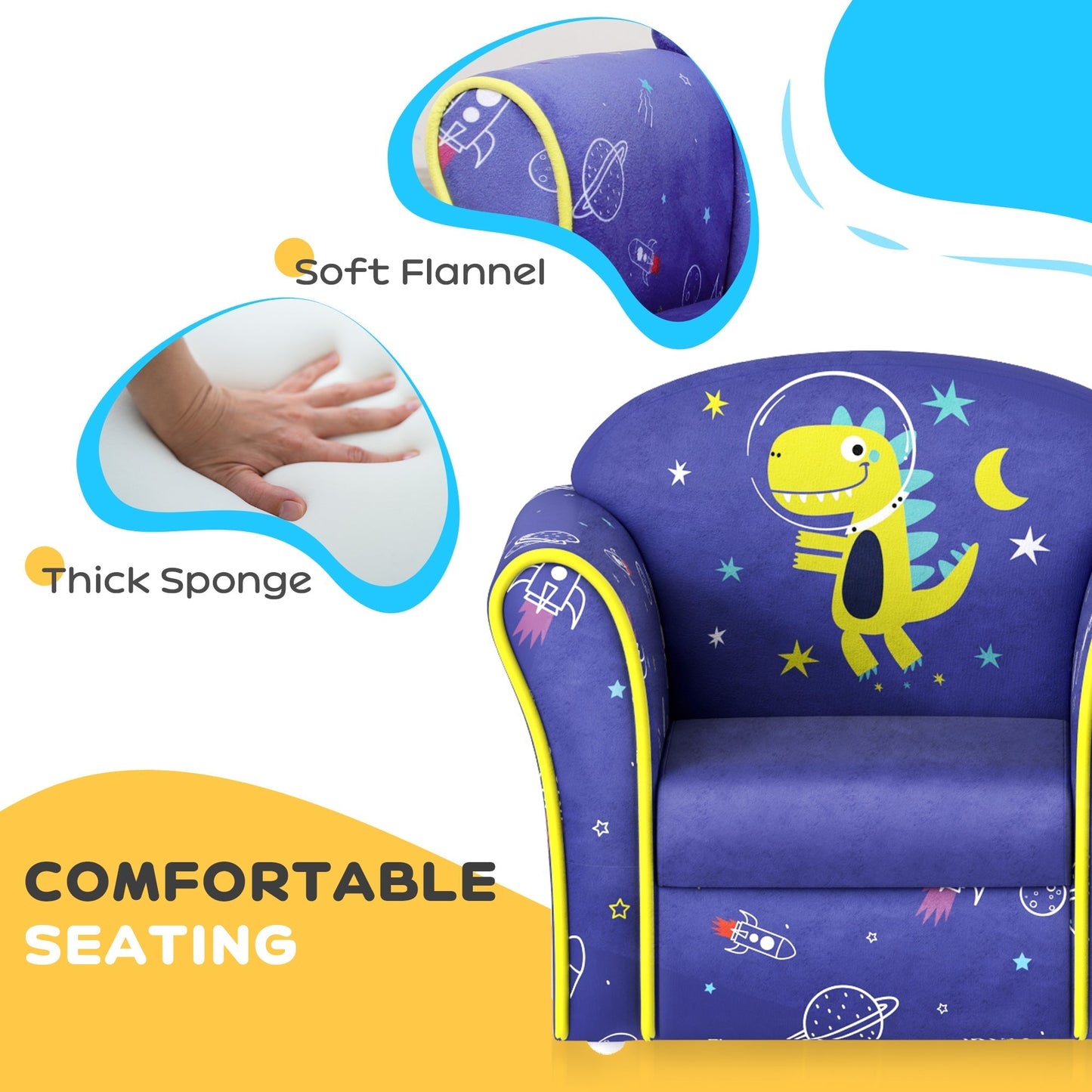 كرسي أطفال بذراعين من AIYAPLAY بتصميم كواكب وديناصورات، إطار خشبي، لغرفة النوم، غرفة اللعب، غرفة الأطفال - أزرق