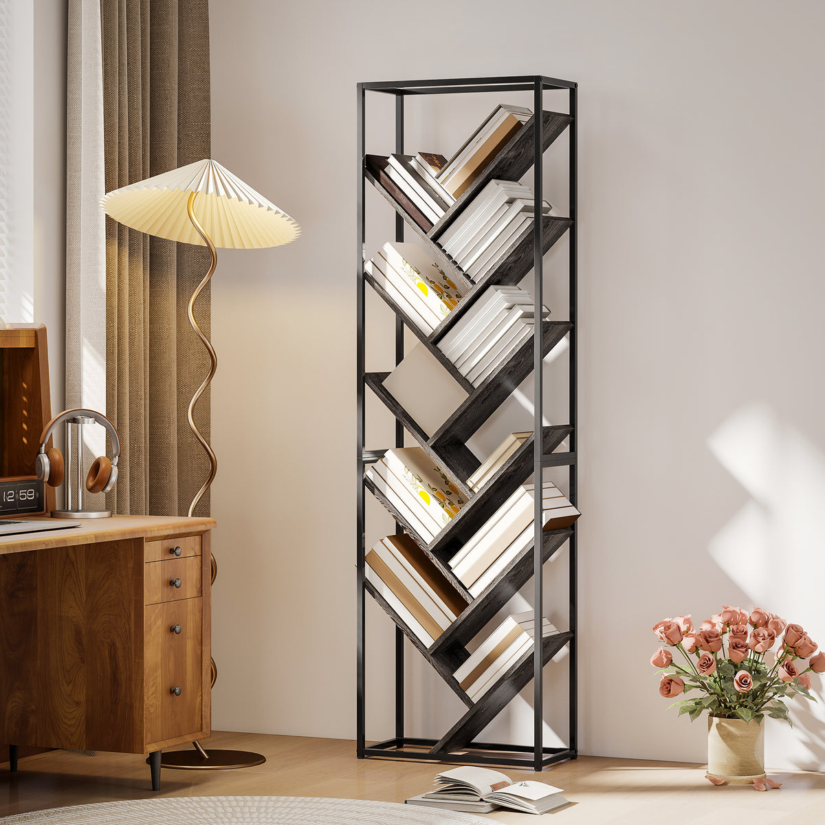 HOMCOM 10 Shelf Industrial-Style Bookshelf in Grey and Black