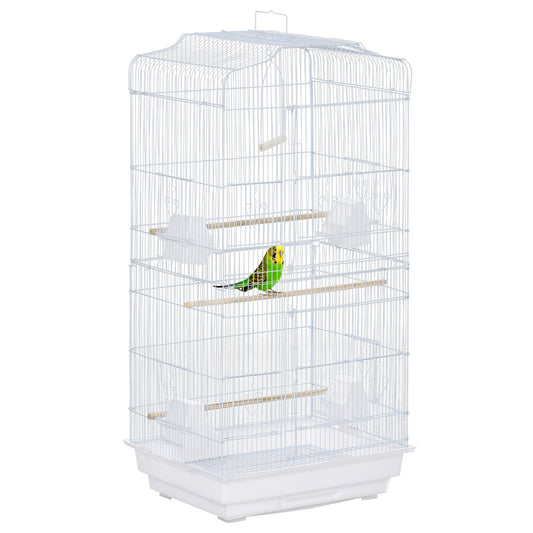 PawHut Large Metal Bird Cage with Stand, Perches, Food Bowls, Swing, for Budgies, Parakeets,White