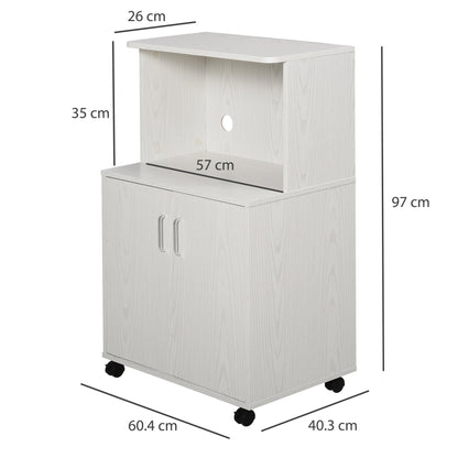 HOMCOM Kitchen Storage Unit, Modern Microwave Stand Trolley Cart, Sideboard with Cabinet, Locking Wheels, Shelf for Living Room, Dining Room, White