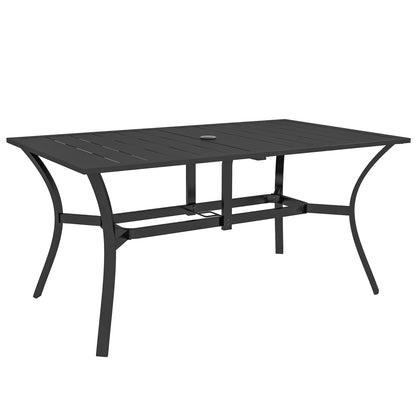 Outsunny Garden Dining Table with Parasol Hole, Patio Table with Steel Frame and Slat Tabletop, Black