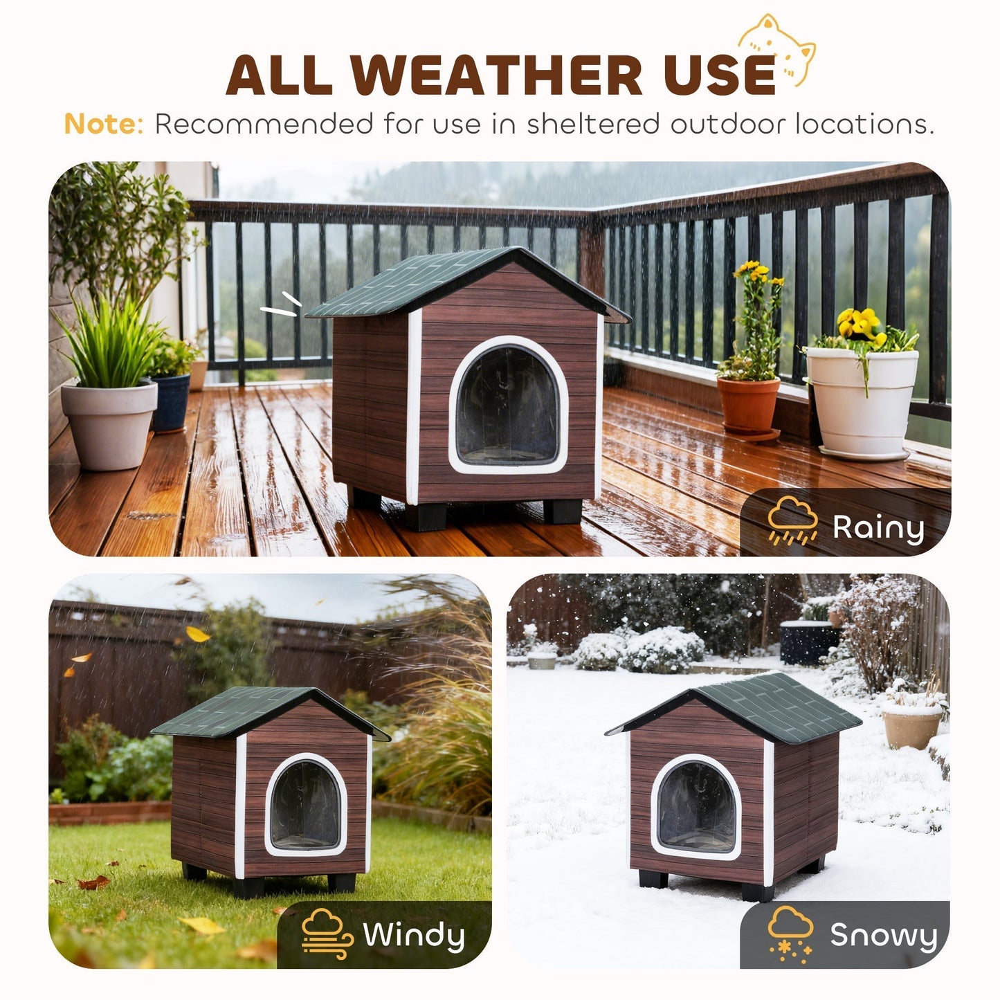 PawHut Insulated Outdoor Cat House, Water-Resistant Feral Cat Shelter with Elevated Base and Cushion, Red-brown