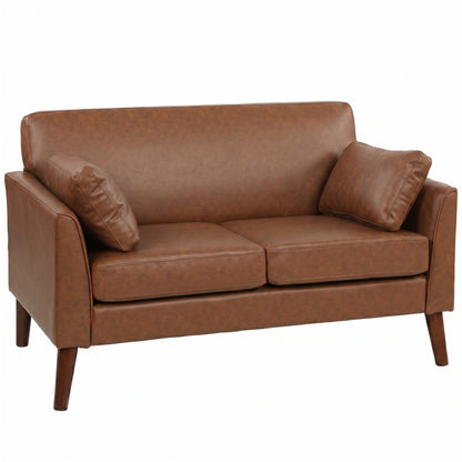 HOMCOM 2 Seater Sofa, 132 cm Modern Small Sofa with Solid Wood Legs and 2 Pillows for Small Space, Brown