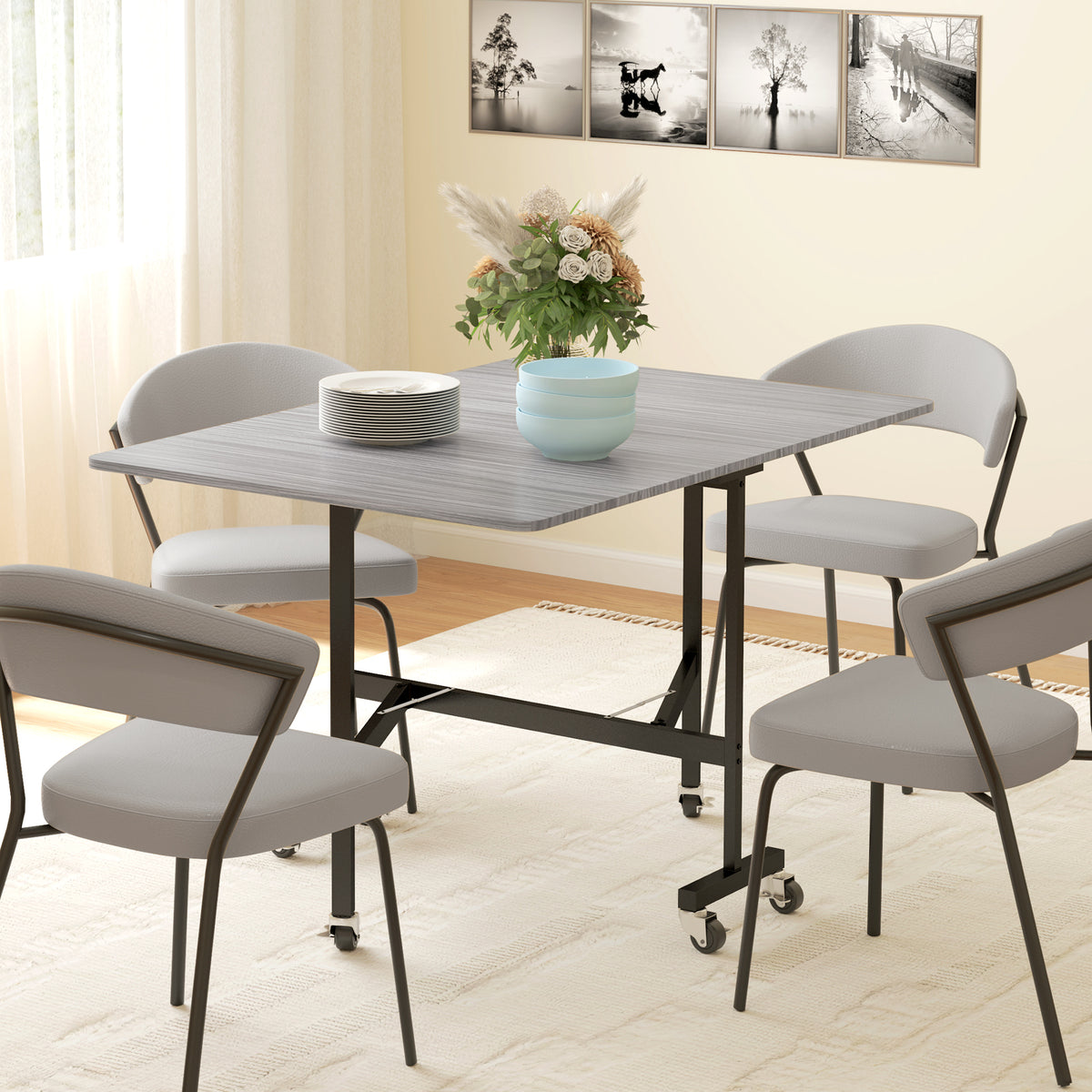 HOMCOM Six-Seater Drop-Leaf Dining Table in Grey Wood-effect