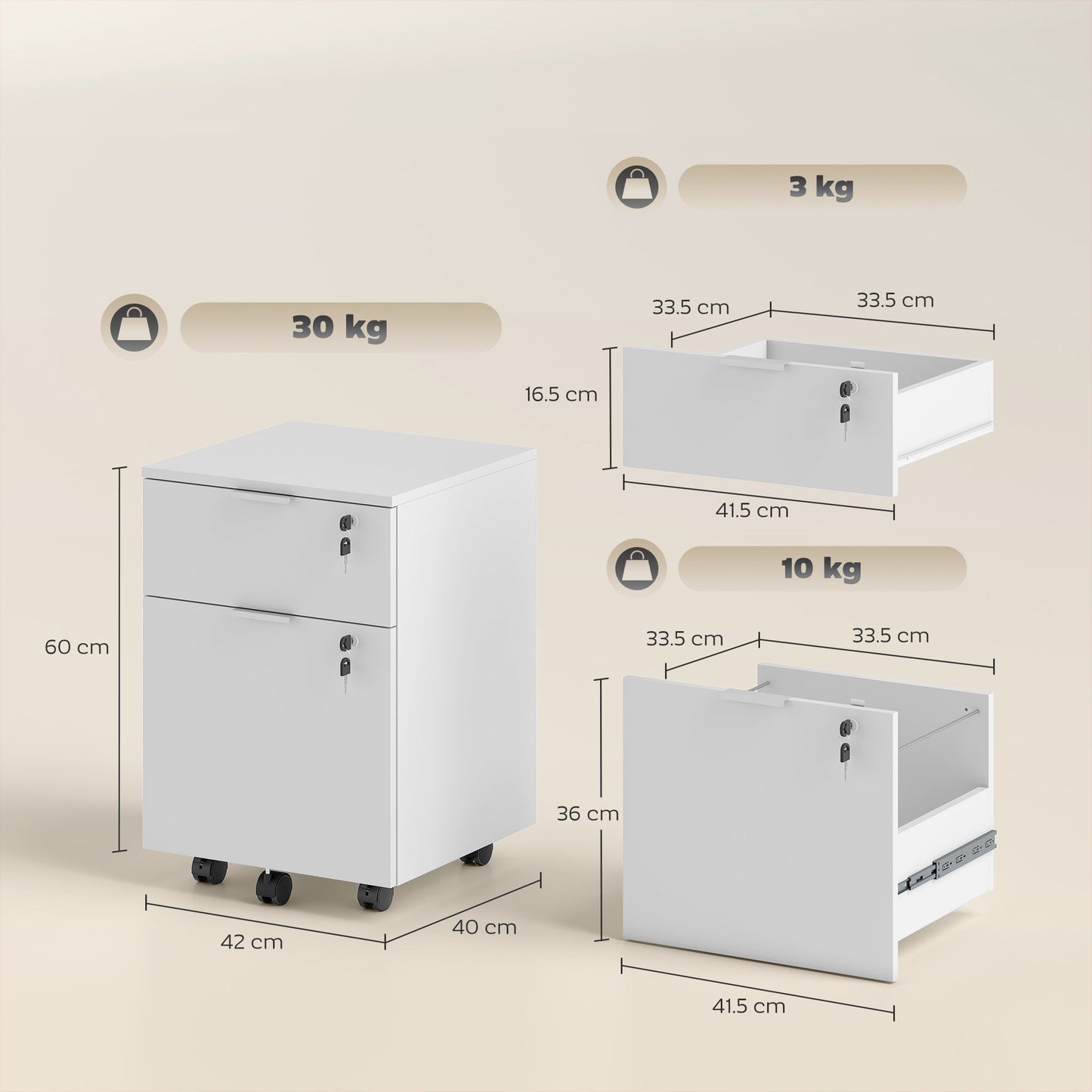 HOMCOM Two-Drawer Lockable Filing Cabinet - White