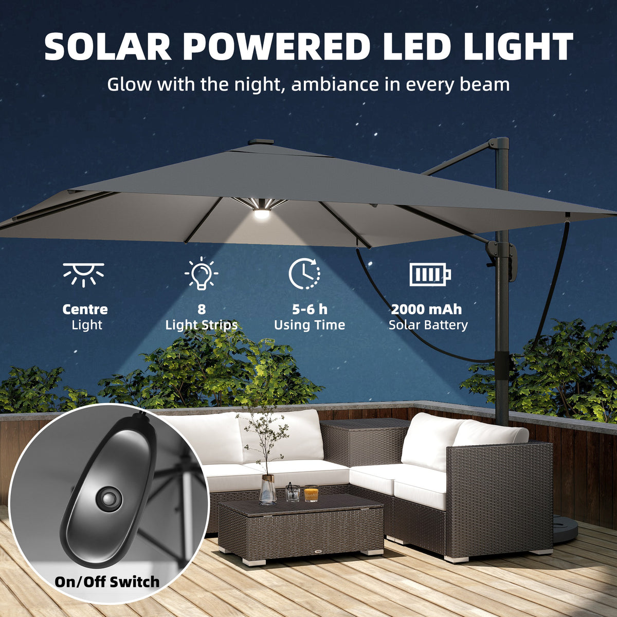 Outsunny Garden Cantilever Parasol with Light in Light Grey