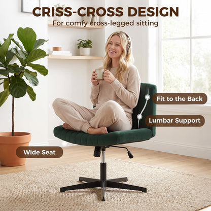 HOMCOM Flannel Criss Cross Legged Desk Chair, Armless Office Chair No Wheels, Green