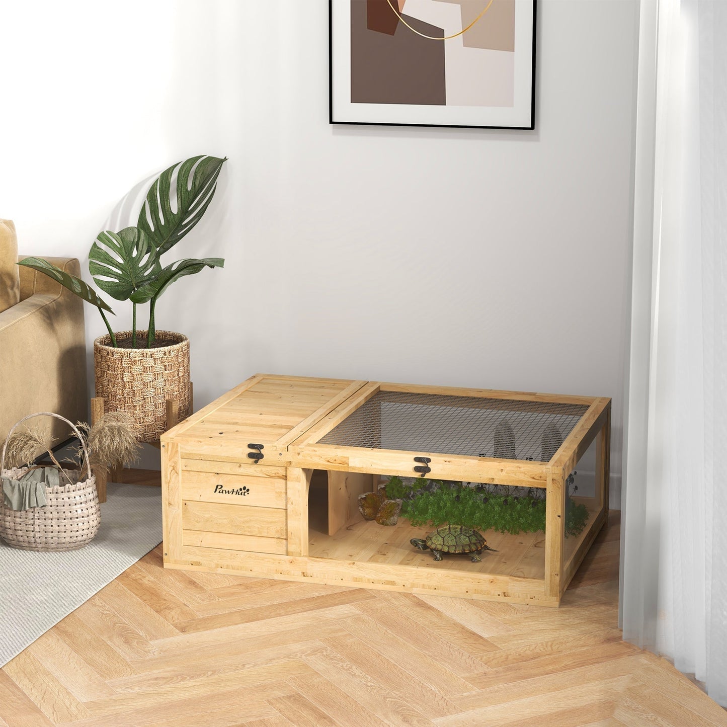 PawHut Tortoise House, Small Reptile Wooden House, with Mesh Roofs, Side Panels, for Turtles, Lizards, Geckos and Snakes