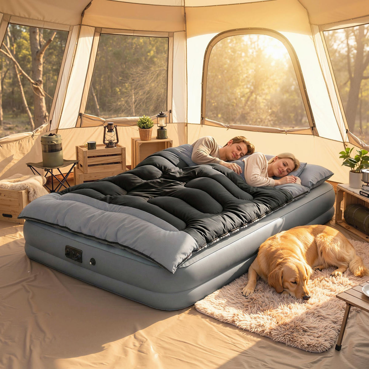 Outsunny Double Sleeping Bag with 2 Pillows, 220 x 160 cm Extra-Large Sleeping Bag for Adults, Black and Grey