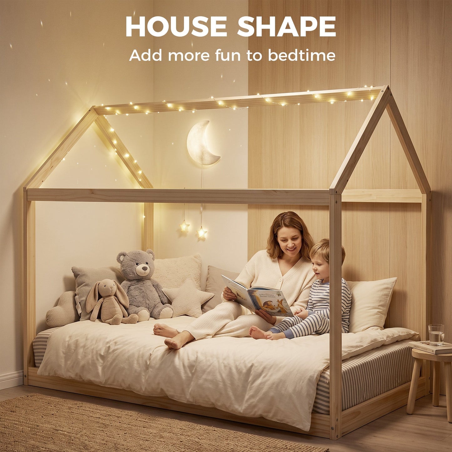 HOMCOM Single Bed Frame, House Scandinavian Wooden Bed Frame for 90W x 190Dcm Mattress, Pine Wood Bed Base, Natural Wood Finish