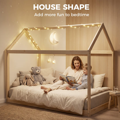 HOMCOM Single Bed Frame, House Scandinavian Wooden Bed Frame for 90W x 190Dcm Mattress, Pine Wood Bed Base, Natural Wood Finish